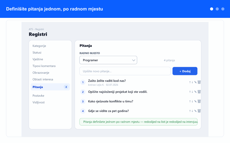 Pregled: definišite pitanja po radnom mjestu u ATS Registrima, odgovorite na njih tokom intervjua i izvezite zapisnik u PDF ili Excel.