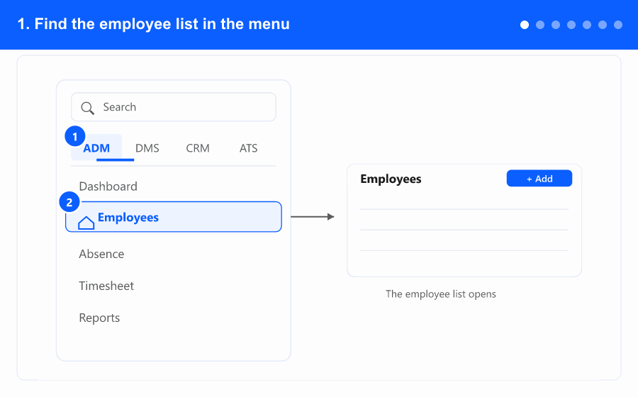Animated overview of creating a user account, from the menu through the account dialog — steps 1 to 7