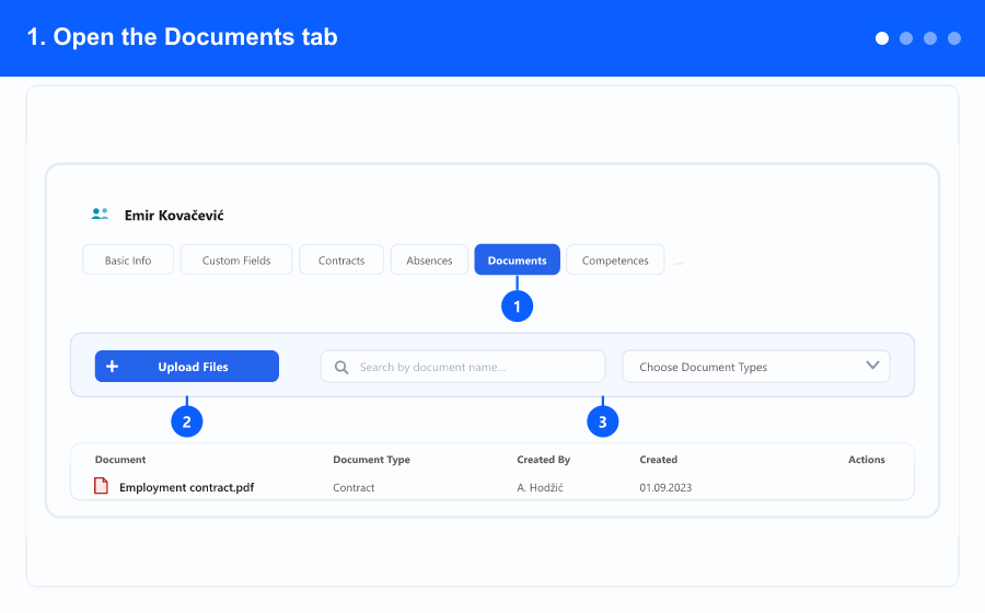 Animated overview: opening the Documents tab, uploading files with notes, type and visibility, reading the list, and previewing or deleting a document — steps 1 to 4