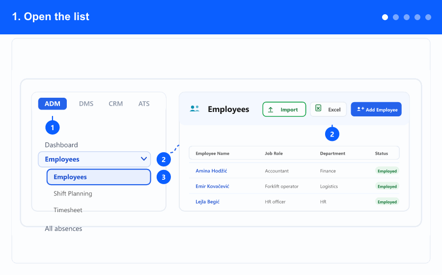 Animated overview: opening the list, searching and filtering, reading and sorting, exporting to Excel, and deleting one or many employees — steps 1 to 5