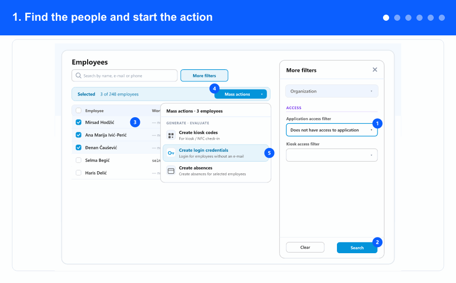 Animated overview: filtering the employee list and starting the action, the domain and role step, the preview of every selected employee, the passwords on the result step, closing the window, and the two cases in which the action does not start — steps 1 to 6