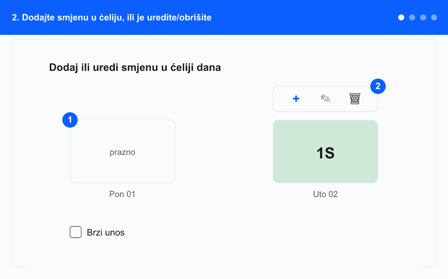 Animirani pregled dodavanja smjena (vrti se kroz ključne korake)