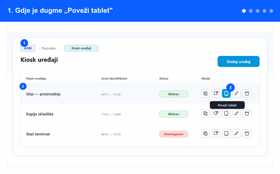 Animirani pregled: pronalaženje dugmeta Poveži tablet u listi Kiosk uređaji, čitanje jednokratnog koda, unos koda na tabletu, postavljanje lozinke za izlaz i odparivanje, i odabir onoga što tablet prikazuje — koraci 1 do 5