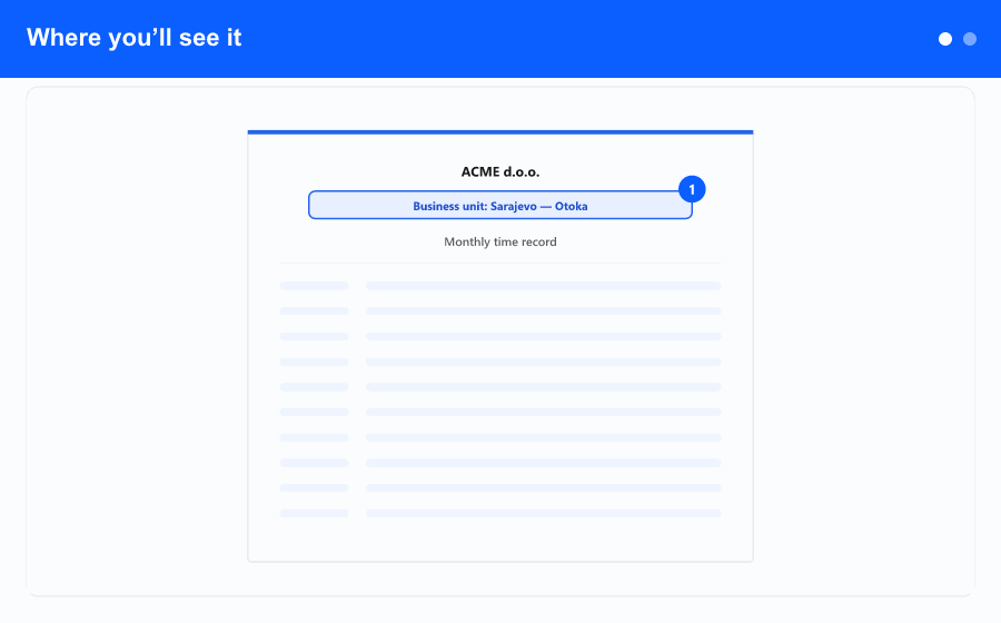 Overview: the business unit in the printed timesheet header, and the switches that turn each header line on separately.